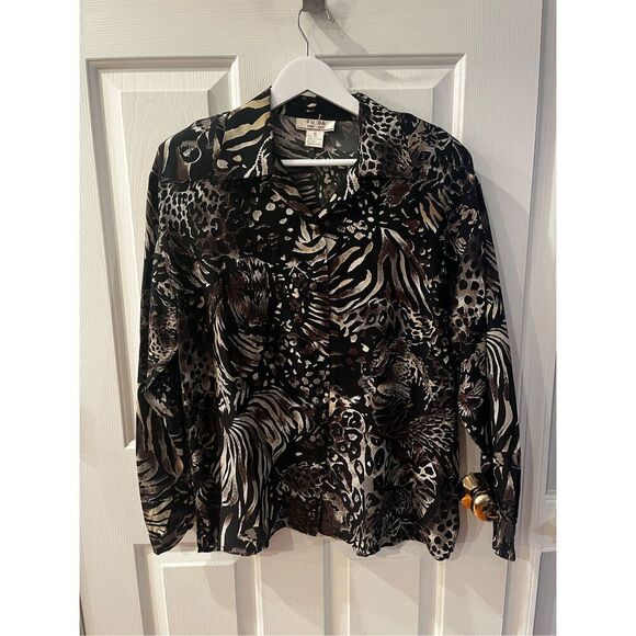 Fu Da Silk Black & Tan Zebra Tiger Print Button Up Blouse sz M EUC - Picture 1 of 6